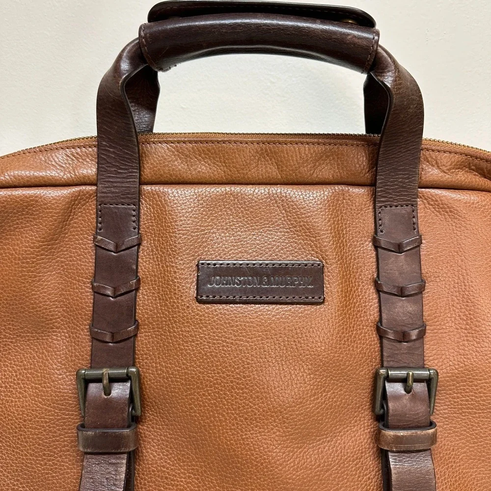 Johnston & Murphy Mens Brown Leather Briefcase Laptop‎ Messenger Bag Two Tone